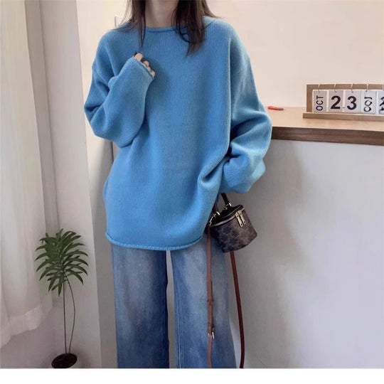 Damen Oversized Strickpullover mit lässigem Schnitt und hohem Kragen EB