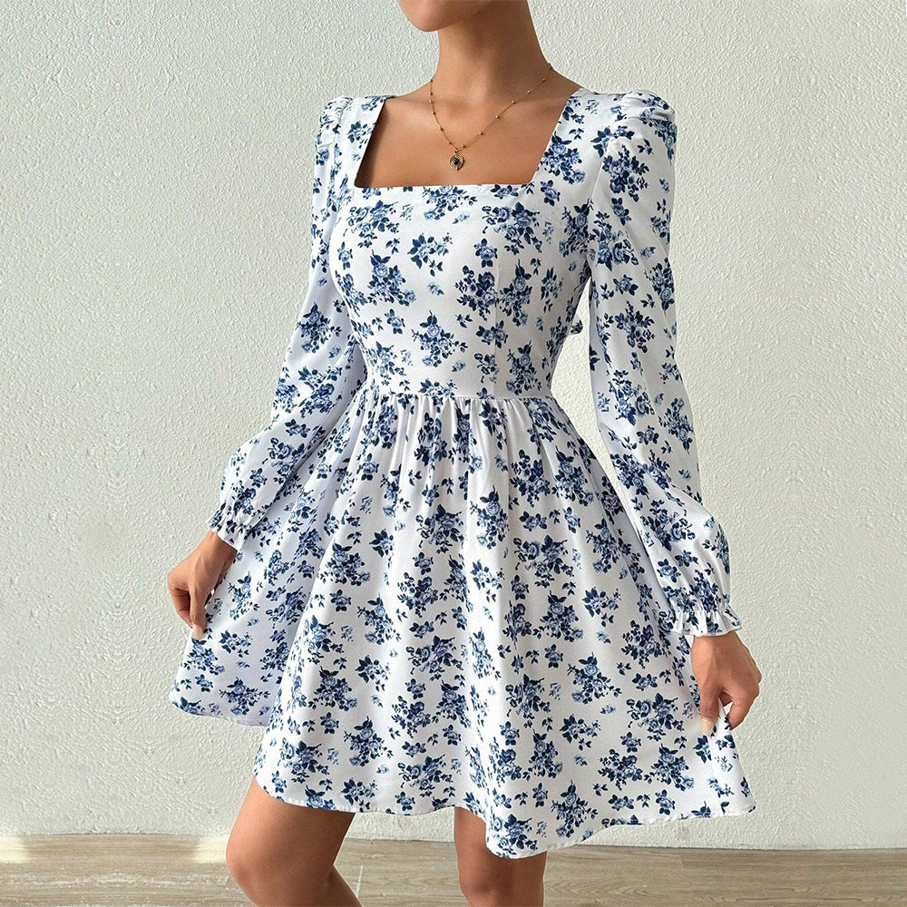 Damen florales Minikleid mit quadratischem Ausschnitt tailliertem Schößchen und langen Puffärmeln Eichborn Berlin