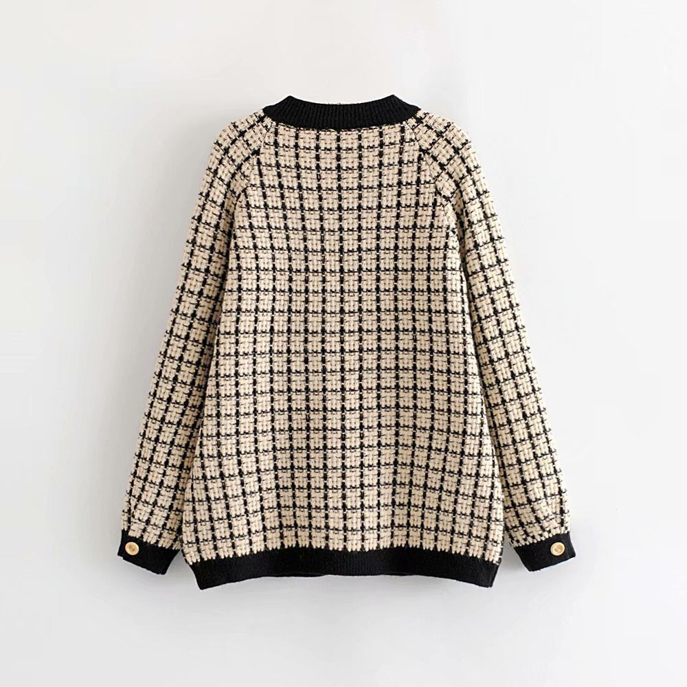 Damen Strickjacke mit Modischem Karomuster und Knopfdetails EB