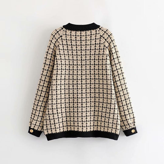 Damen Strickjacke mit Modischem Karomuster und Knopfdetails EB