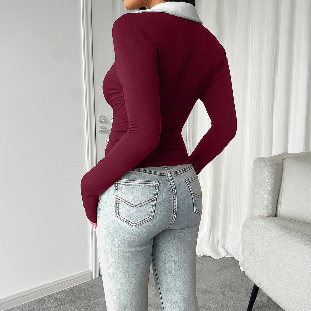 Damen nan tailliertes Longsleeve mit kontrastpolokragen und tiefem V-Ausschnitt EB