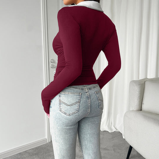 Damen nan tailliertes Longsleeve mit kontrastpolokragen und tiefem V-Ausschnitt EB