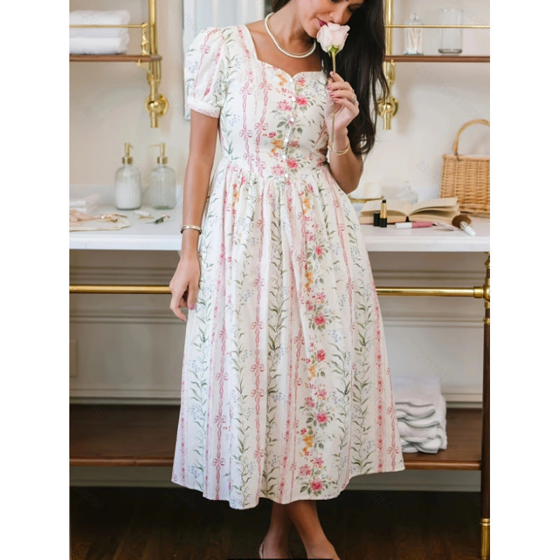 Damen Maxikleid mit floralem Design und langen Puffärmeln EB