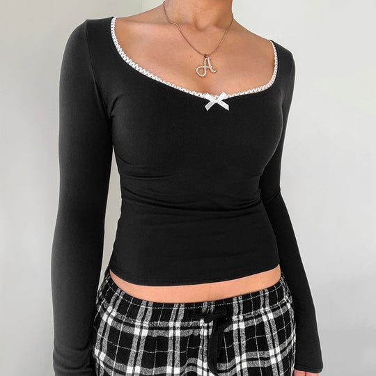 Damen Langarmshirt mit elegantem Rundhalsausschnitt und feinen Spitzenakzenten EB
