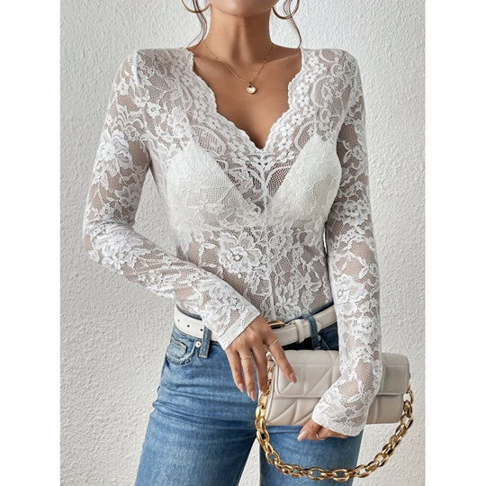 Damen Spitzen-Bodysuit mit tiefem V-Ausschnitt und transparenten Ärmeln EB