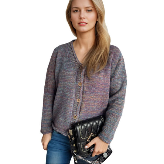 Damen Strickjacke mit kreativem Farbmuster und goldenen Knöpfen EB