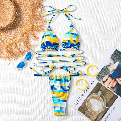 Damen Bandeau-Bikini mit modischen Streifen und anpassbaren Trägersystem EB