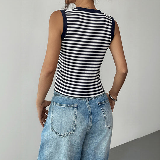 Damen ärmelloses Streifenshirt mit knöpfbarem Ausschnitt und engem Schnitt EB