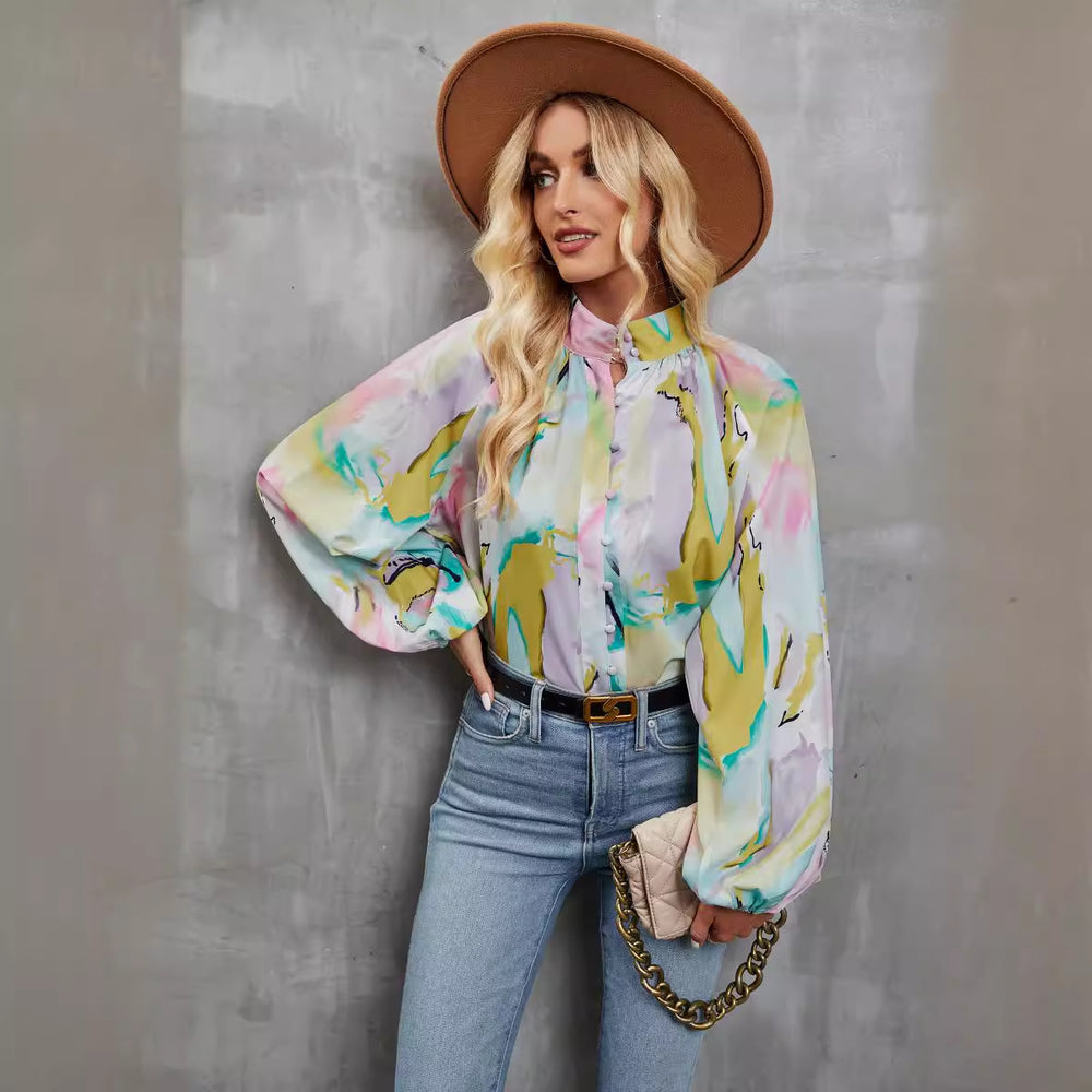 Damen Bluse mit buntem Floral-Print und Schluppenkragen EB