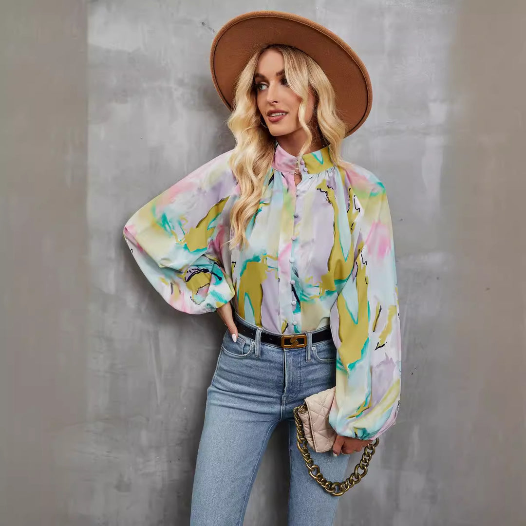 Damen Bluse mit buntem Floral-Print und Schluppenkragen EB