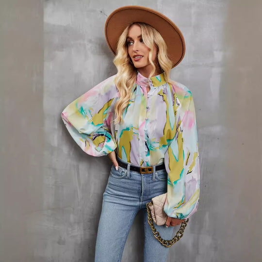 Damen Bluse mit buntem Floral-Print und Schluppenkragen EB