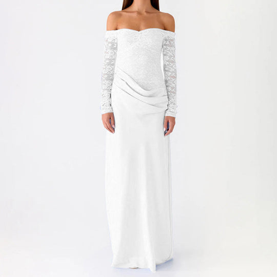Damen Elegantes Hochzeitskleid mit schulterfreiem Ausschnitt und Spitzenärmeln EB