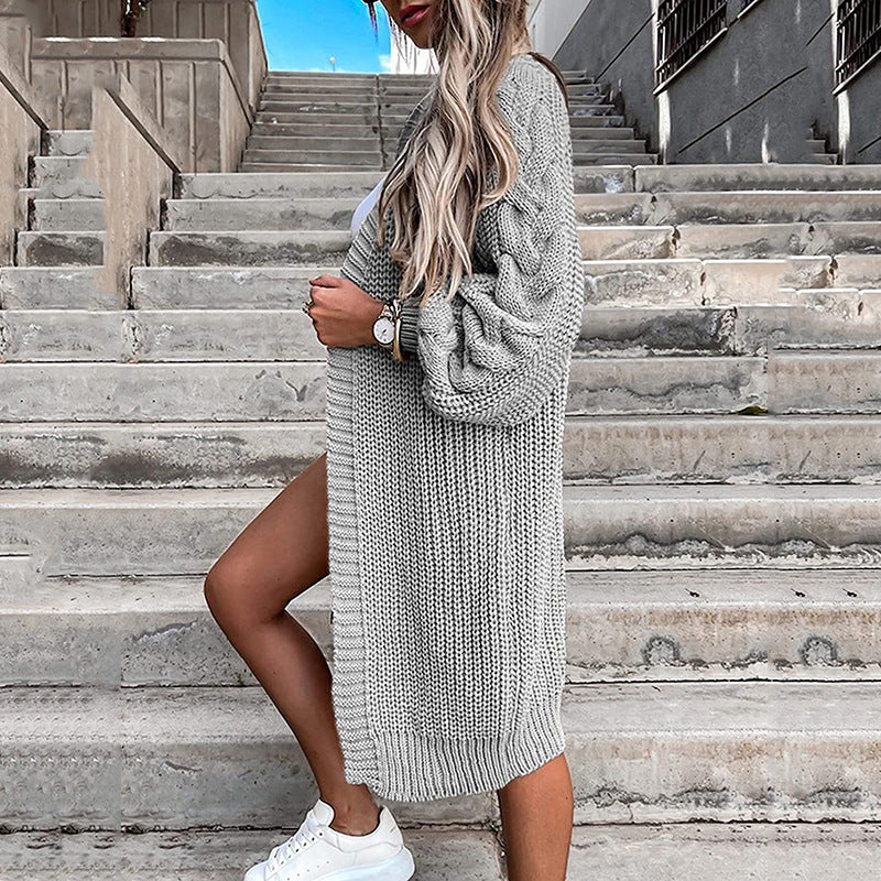 Damen Langer Strickcardigan mit voluminösen Puffärmeln und offenen Seiten EB