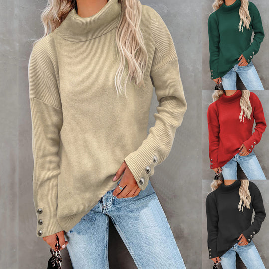 Damen Grobstrickpullover mit Rollkragen und Knopfdetail EB