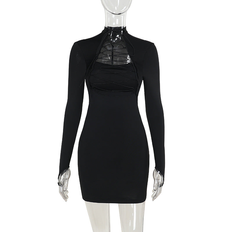 Damen figurbetontes Langarmkleid mit asymmetrischem Rückenausschnitt und trendigen Schnürdetails EB
