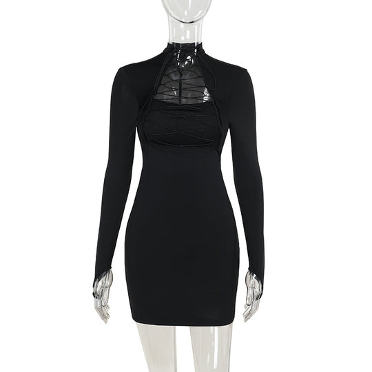 Damen figurbetontes Langarmkleid mit asymmetrischem Rückenausschnitt und trendigen Schnürdetails EB