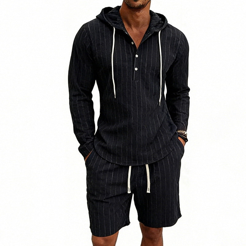 Herren nan gestreiftes Leinenoptik-Kapuzen-Henley-Set mit Tunnelzug-Shorts EB