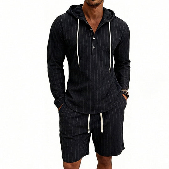 Herren nan gestreiftes Leinenoptik-Kapuzen-Henley-Set mit Tunnelzug-Shorts EB