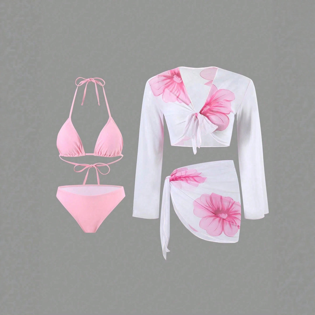 Damen Bikini-Set mit floralem Wickeltuch und langärmliger Oberteile EB