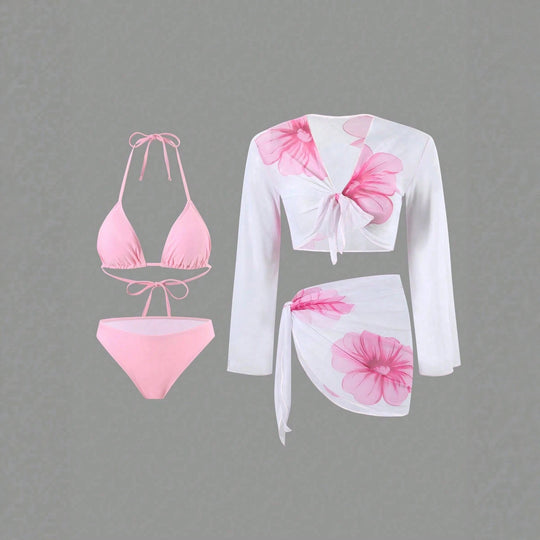Damen Bikini-Set mit floralem Wickeltuch und langärmliger Oberteile EB