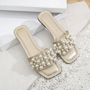 Damen Elegante Slides mit perlenverzierter Riemenstruktur EB