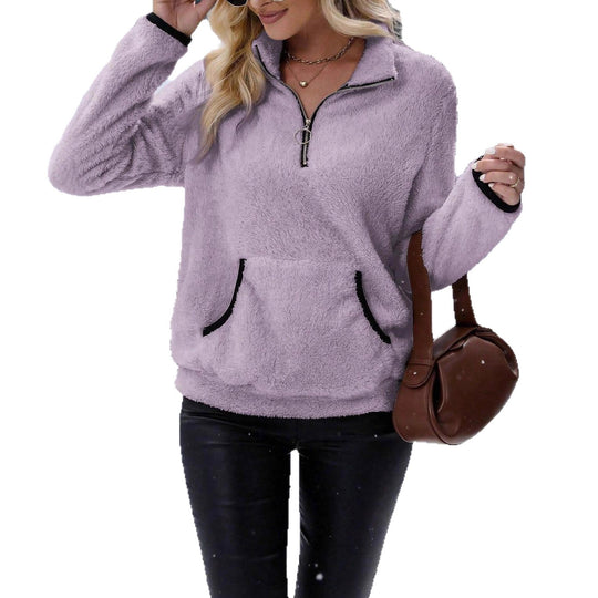 Damen kuscheliger Fleece-Pullover mit Halbzipper und Kängurutasche EB