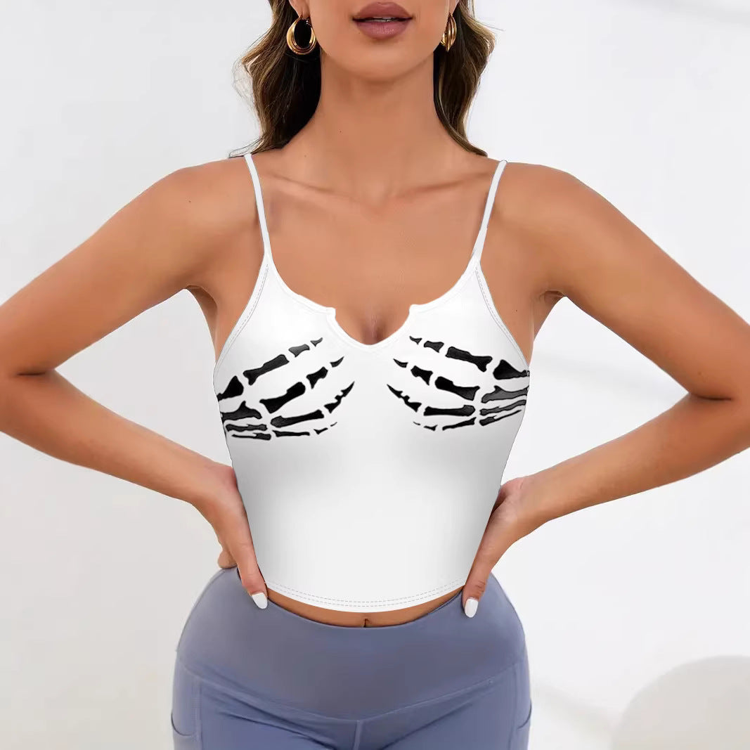 Damen Sportliches Crop-Top mit kreativem Skelett-Design EB