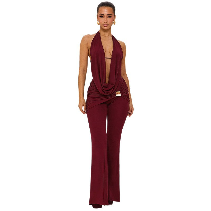 Damen Eleganter Jumpsuit mit doppeltem Kragen und trendiger Raffung EB