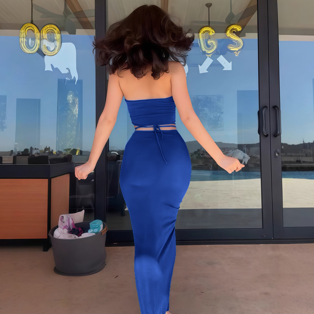Damen Figurbetontes Maxikleid mit transparenten Einsätzen und Raffung EB