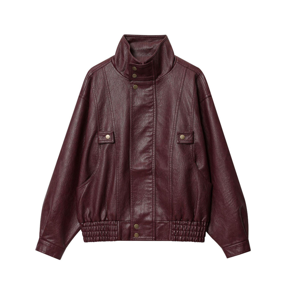 Damen Kunstlederjacke mit hohem Kragen und praktischen Taschen EB