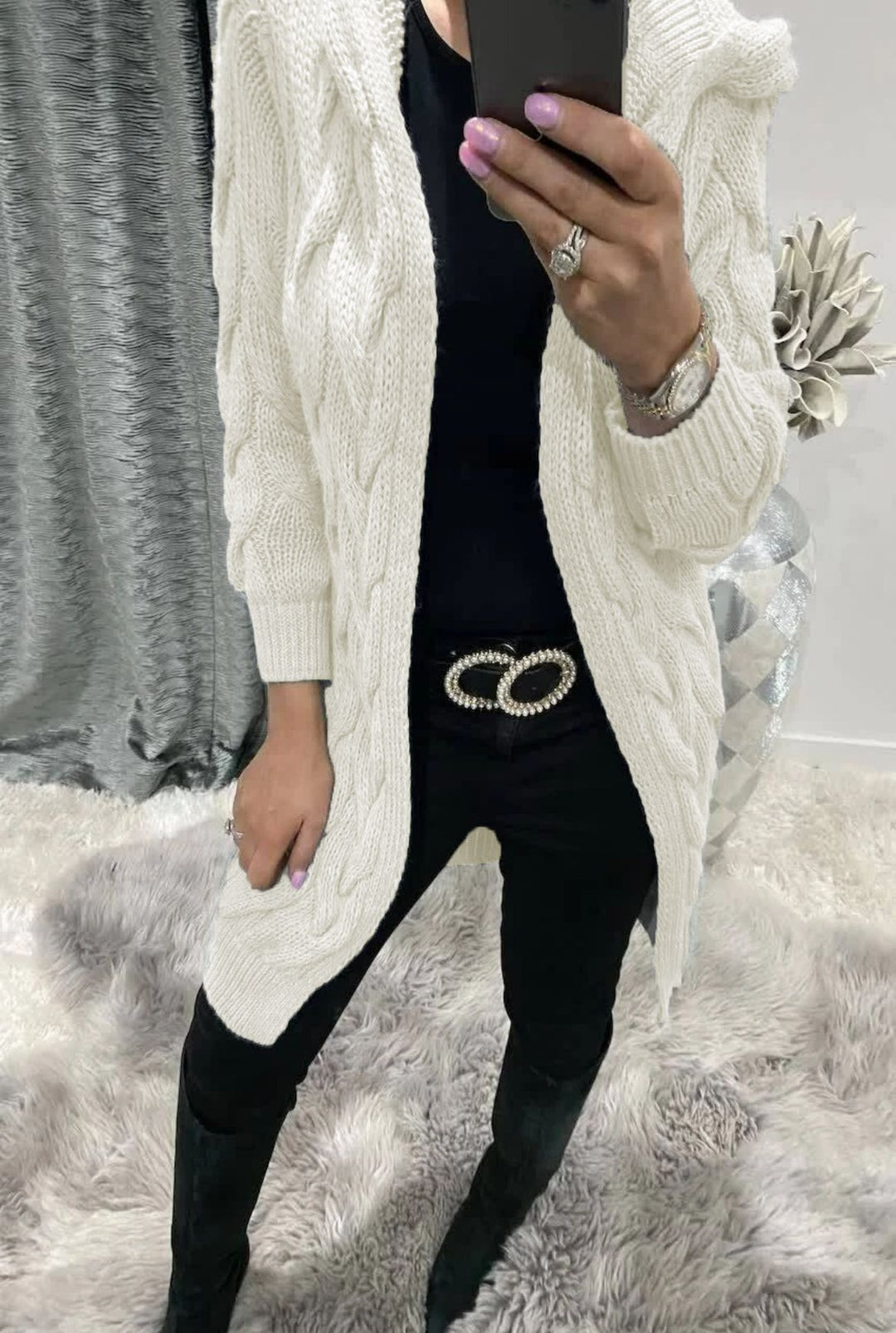 Damen Grobstrick-Cardigan mit Kapuze und Zopfmuster EB