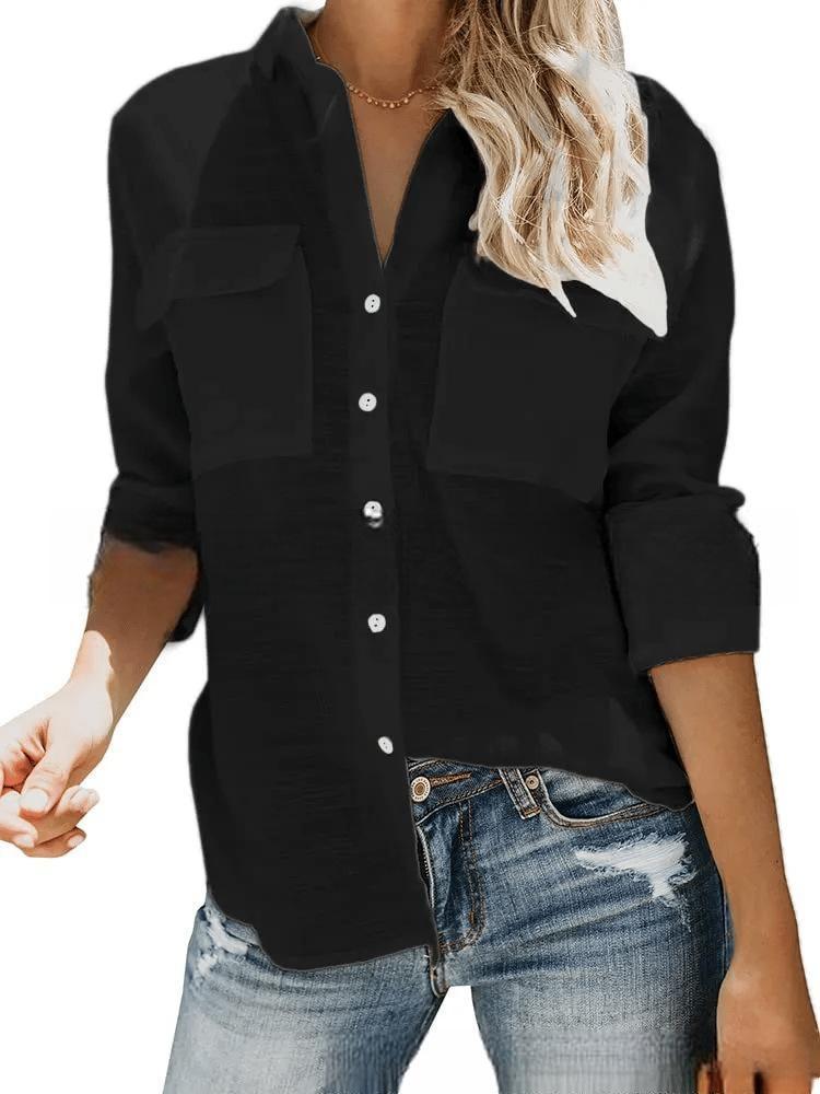 Damen leichte Sommerbluse mit zwei Brusttaschen und aufgerollten Ärmeln EB