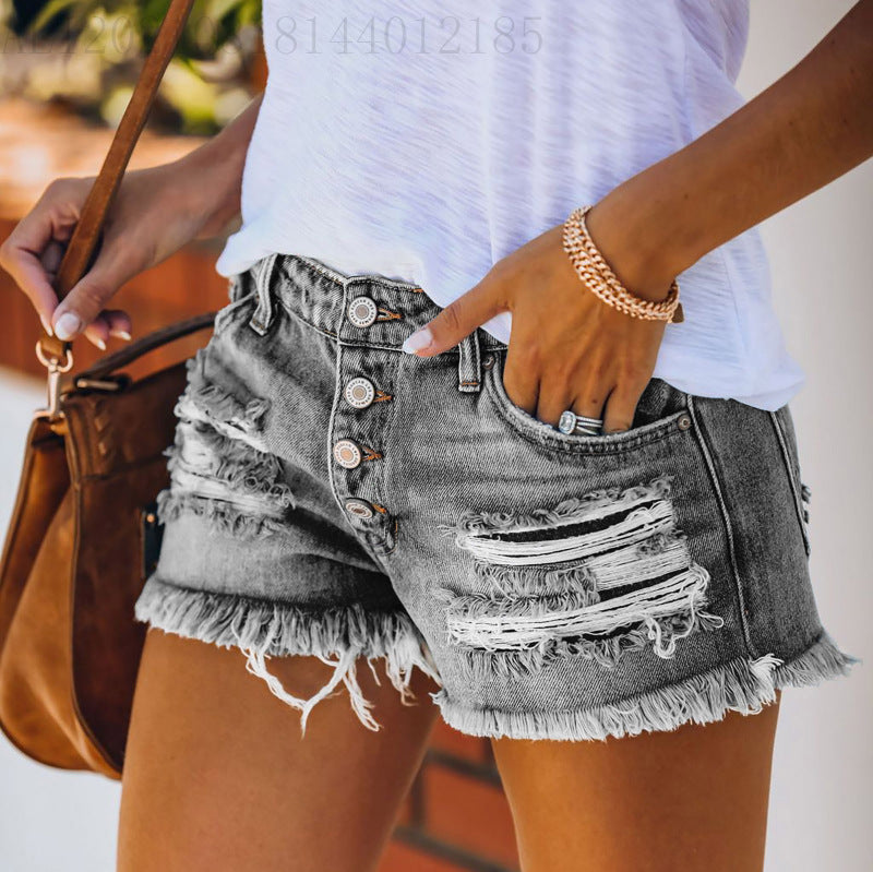 Damen lässige Destroyed Denim-Shorts mit Knopfdetails und fransigem Saum EB