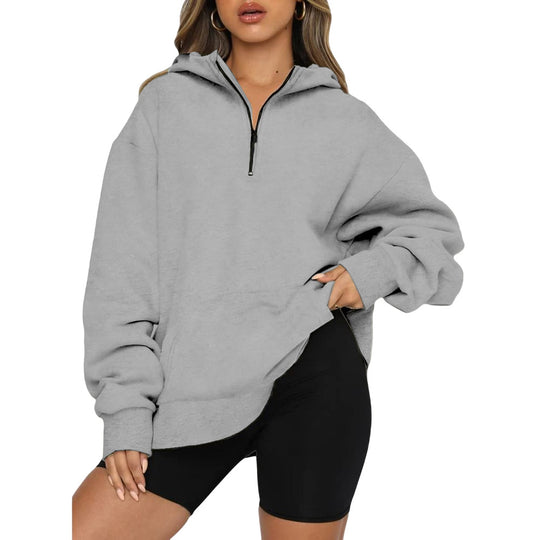 Damen Oversize Kapuzenpullover mit halbem Reißverschluss EB