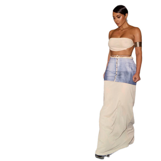 Damen Maxi-Kleid mit transparentem Rock und bauchfreier Oberpartie EB