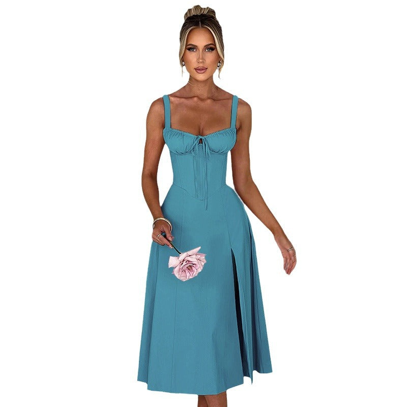 Damen raffinierte Midi-Robe mit tiefem Schlitz und Rüschendetails EB