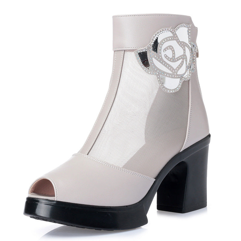 Damen Elegante Stiefeletten mit modischem Mesh-Einsatz und dekorativem Rosendesign EB