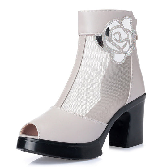 Damen Elegante Stiefeletten mit modischem Mesh-Einsatz und dekorativem Rosendesign EB