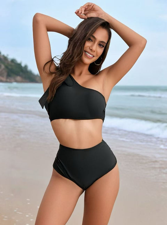 Damen Hochtailliertes Bikini-Set mit asymmetrischem Oberteil EB