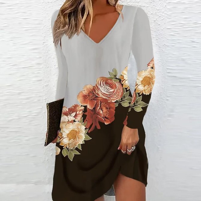 Damen V-Ausschnitt Kleid mit floralen Akzenten und langen Ärmeln EB
