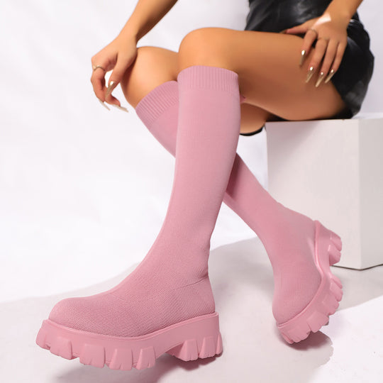 Damen Tragbare Overknee-Stiefel mit Auffälligem Muster und Rutschfester Sohle EB