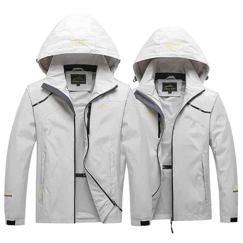 Herren atmungsaktive Softshell-Trekkingjacke mit verstaubarer Kapuze, Netzfutter und multifunktionalen Reißverschlusstaschen EB