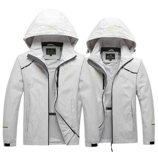 Herren atmungsaktive Softshell-Trekkingjacke mit verstaubarer Kapuze, Netzfutter und multifunktionalen Reißverschlusstaschen EB