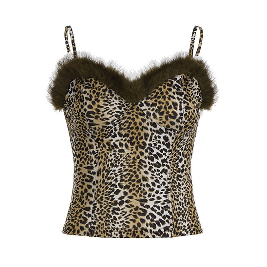 Damen Top mit Leopardenmuster und elegantem Fellbesatz EB
