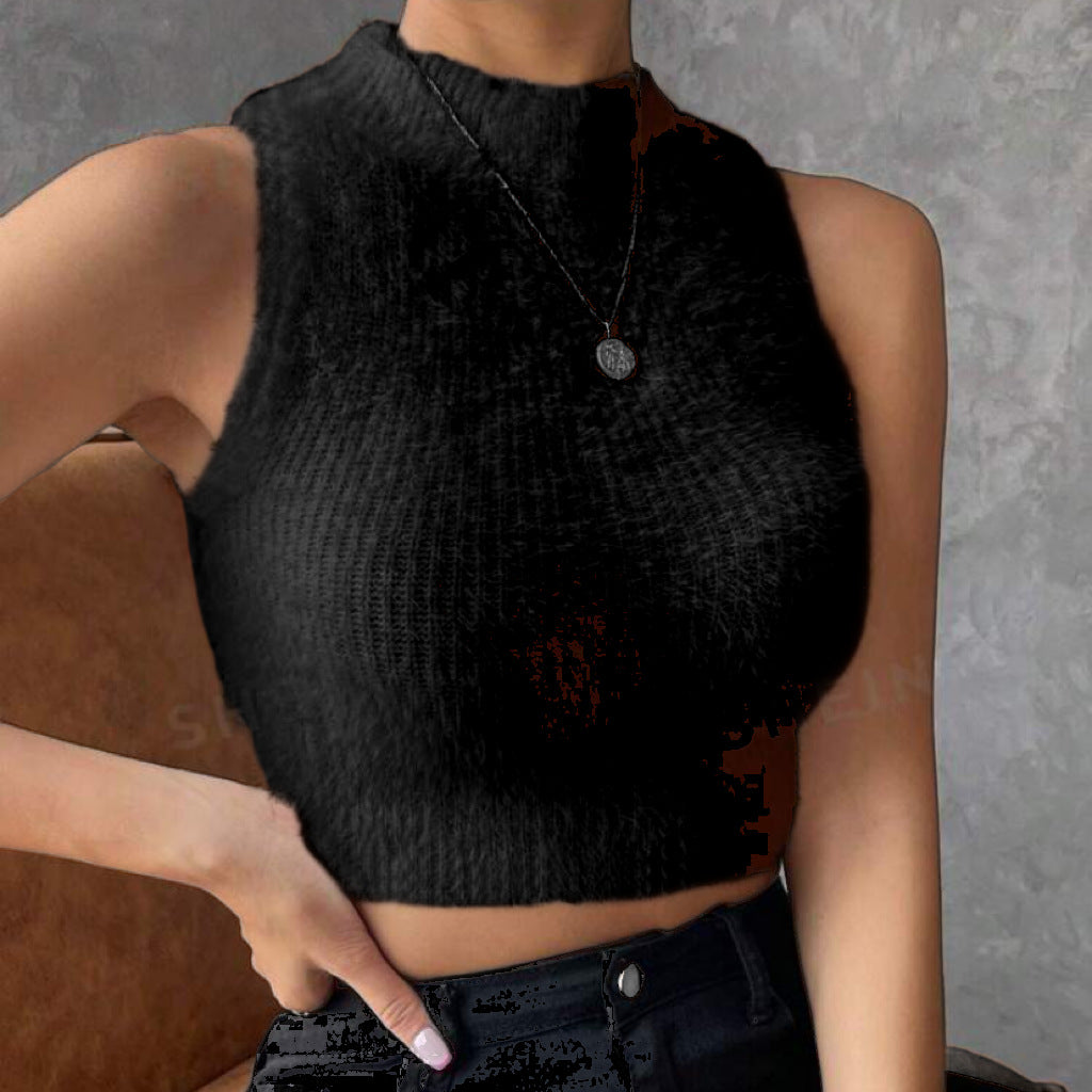 Damen Kurz geschnittenes ärmelloses geripptes Strick-Crop-Top mit Stehkragen EB