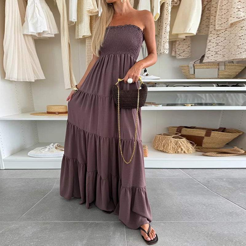 Damen Maxi-Kleid mit Smocked-Oberteil und voluminösen Rüschen EB