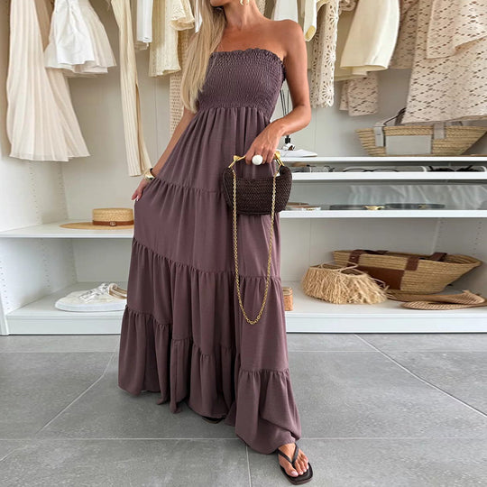 Damen Maxi-Kleid mit Smocked-Oberteil und voluminösen Rüschen EB