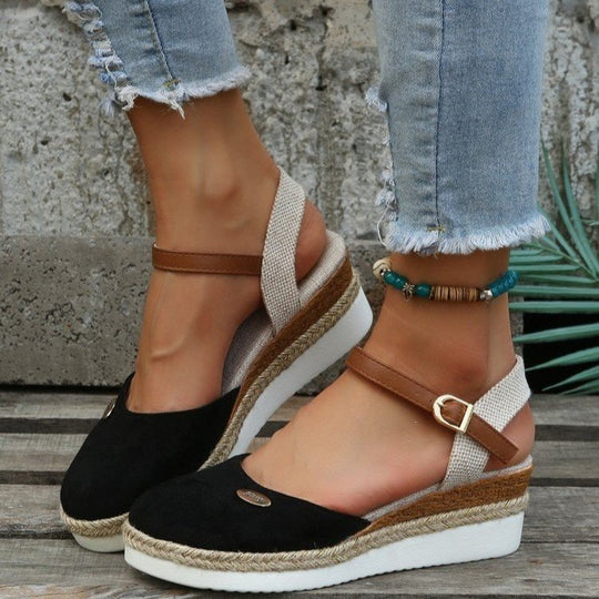 Damen Wedgesandalen mit elastischem Riemen und Jute-Applikation EB