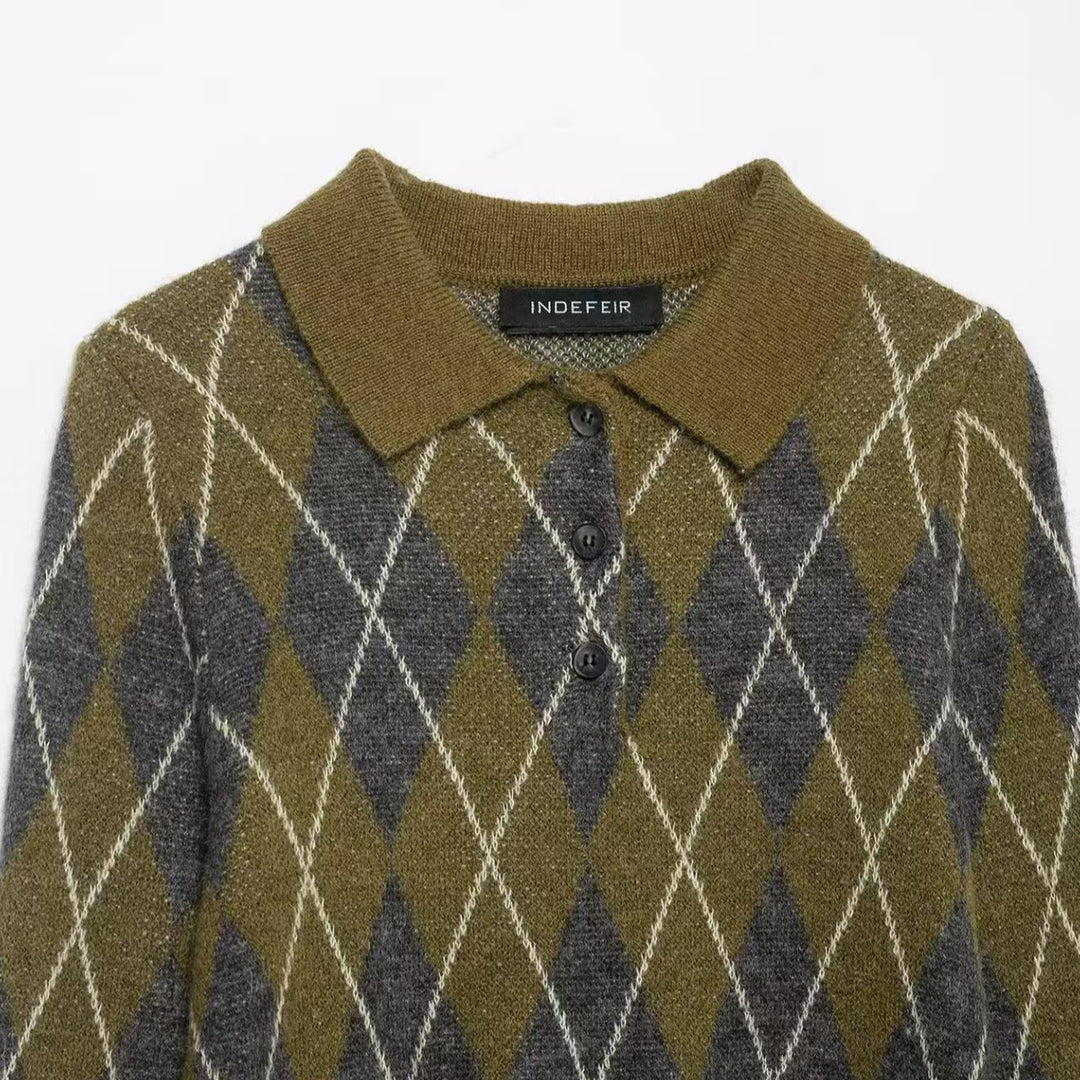 Damen nan Argyle-Polo-Strickpullover mit Cropped-Schnitt, Rippbündchen und Knopfleiste EB