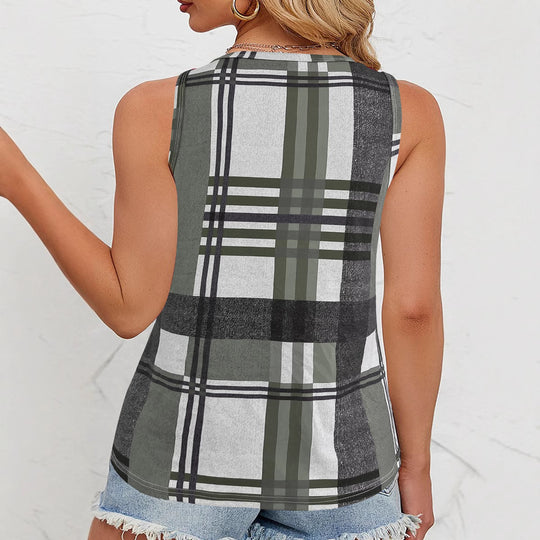 Damen ärmelloses V-Neck Top mit dekorativem Knopfdetail und modernem Karomuster EB